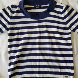 BCBG Vintage Nautical Collared Striped Short Sleeve Knit Top